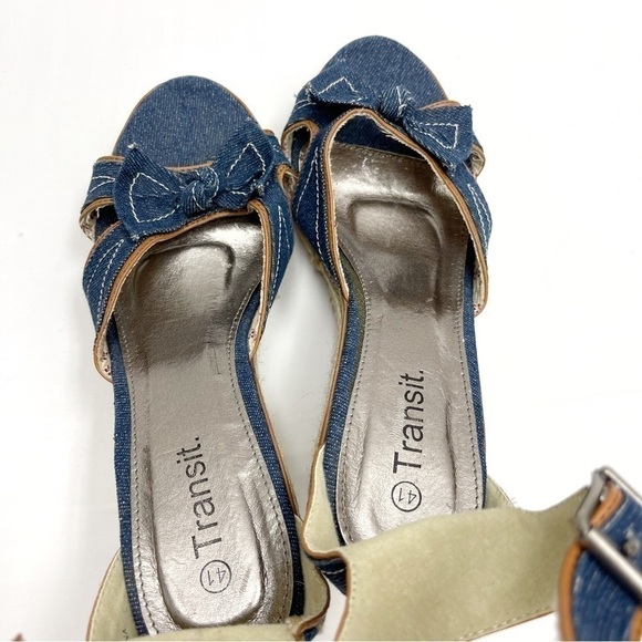 Denim jeans strappy wedges size 10.5 US Open back open toes bow tie - Picture 7 of 13